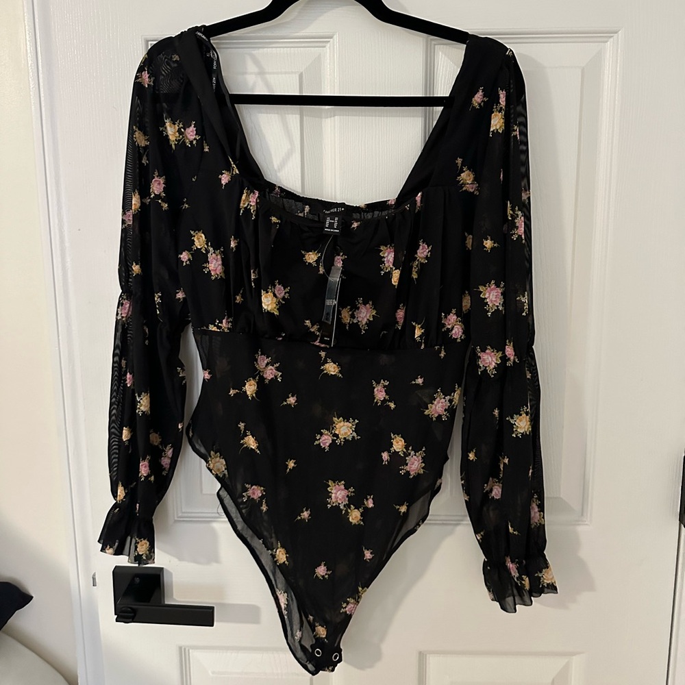 NWT Forever 21+ Floral Black Sheer Bodysuit